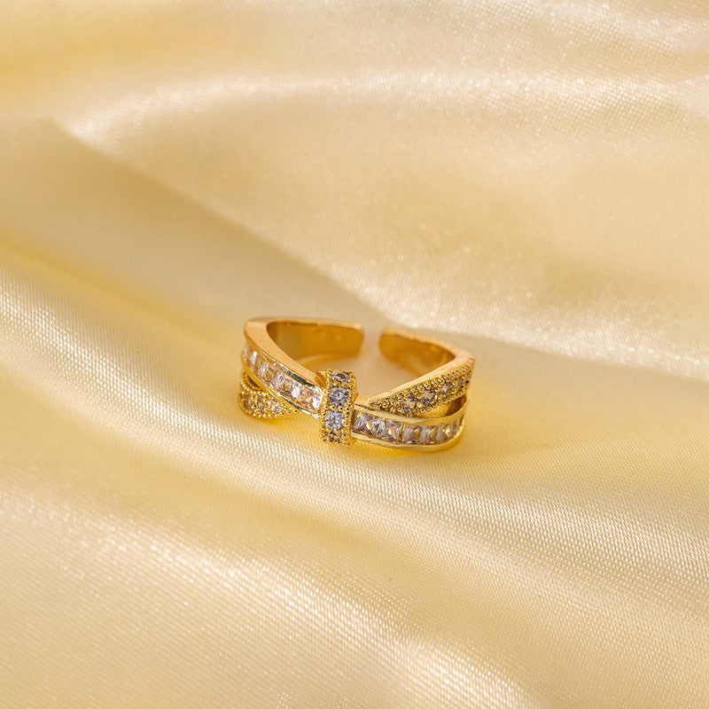 Jewels Galaxy Gold Plated Anti Tarnish Stainless Steel Cross Shaped Adjustable Finger Ring