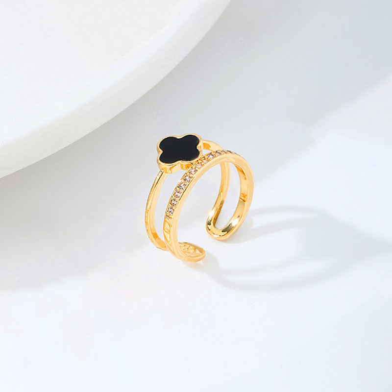 Jewels Galaxy Gold Plated Anti Tarnish Stainless Steel Clover Themed Adjustable Finger Ring