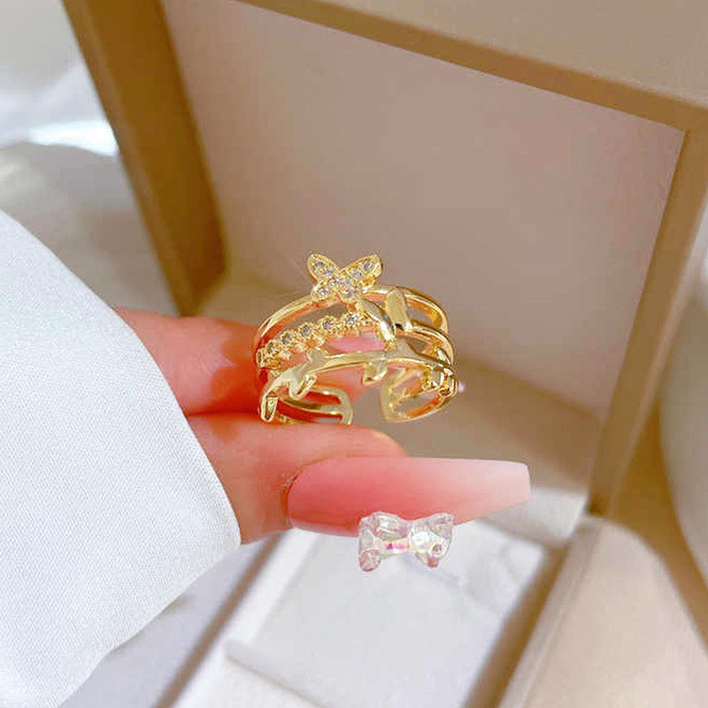 Jewels Galaxy Gold Plated Anti Tarnish Stainless Steel Butterfly Themed Adjustable Finger Ring
