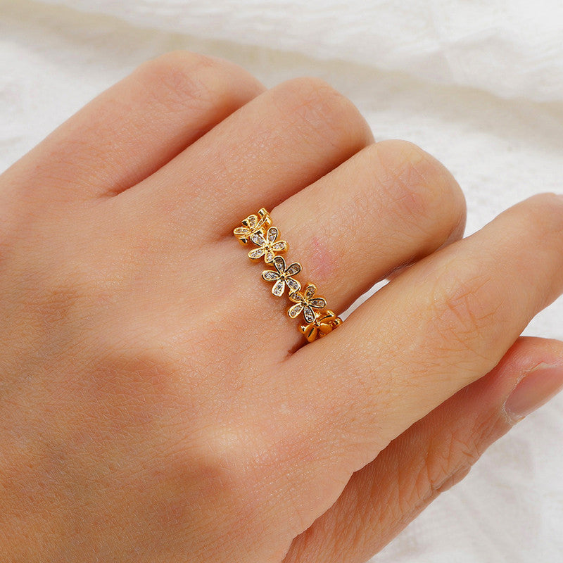 Jewels Galaxy Gold Plated Anti Tarnish Stainless Steel Floral Themed Adjustable Finger Ring
