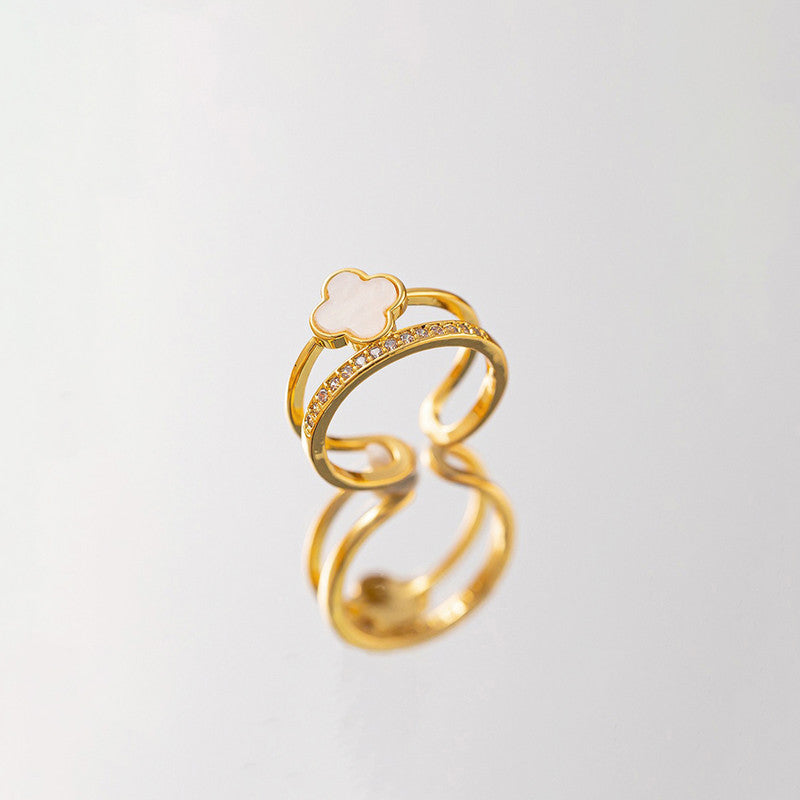 Jewels Galaxy Gold Plated Anti Tarnish Stainless Steel Clover Themed Adjustable Finger Ring