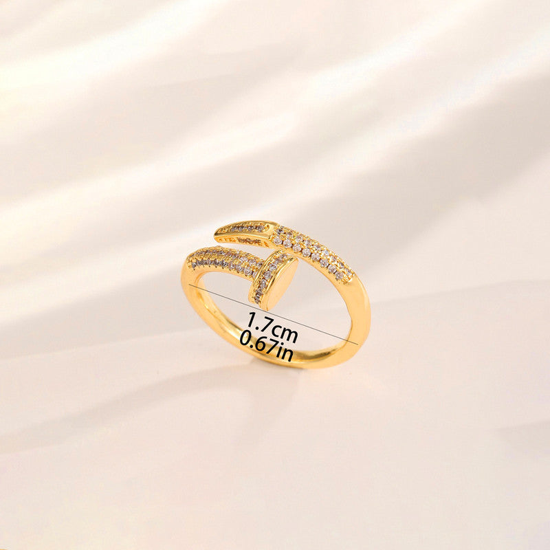 Jewels Galaxy Gold Plated Anti Tarnish Stainless Steel Nail Shaped AD Studded Adjustable Ring