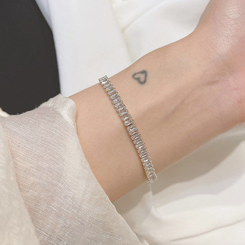 Jewels Galaxy Silver Plated Rectangular Cut CZ White Matrix Anti Tarnish Tennis Bracelet