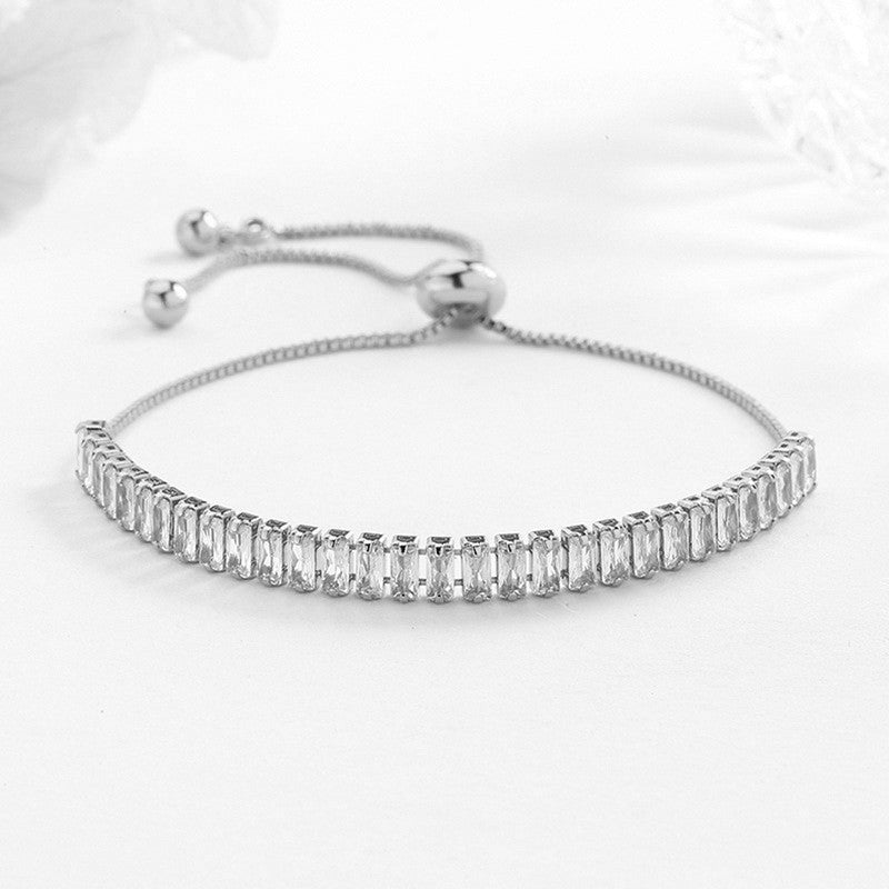 Jewels Galaxy Silver Plated Rectangular Cut CZ White Matrix Anti Tarnish Tennis Bracelet