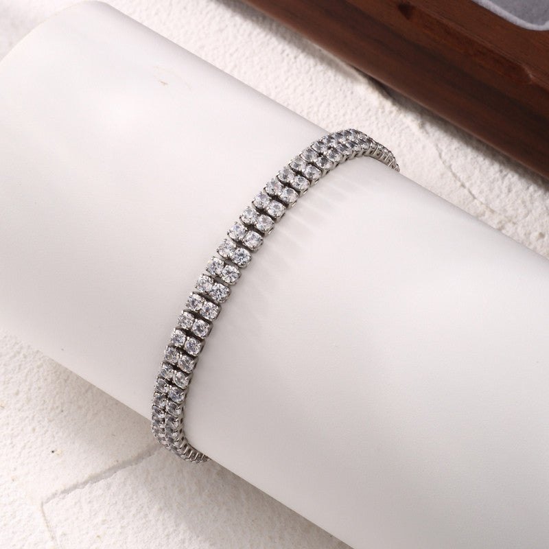 Jewels Galaxy Silver Plated Dual Strand Round Cut CZ White Matrix Anti Tarnish Tennis Bracelet