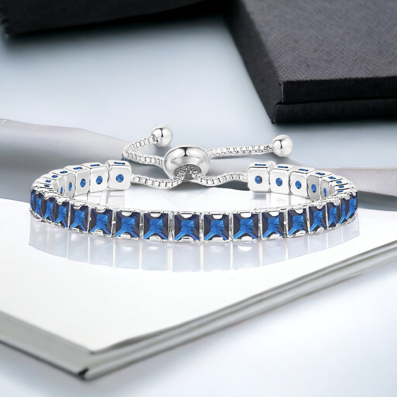 Jewels Galaxy Silver Plated Square Cut CZ Navy Blue Matrix Anti Tarnish Tennis Bracelet