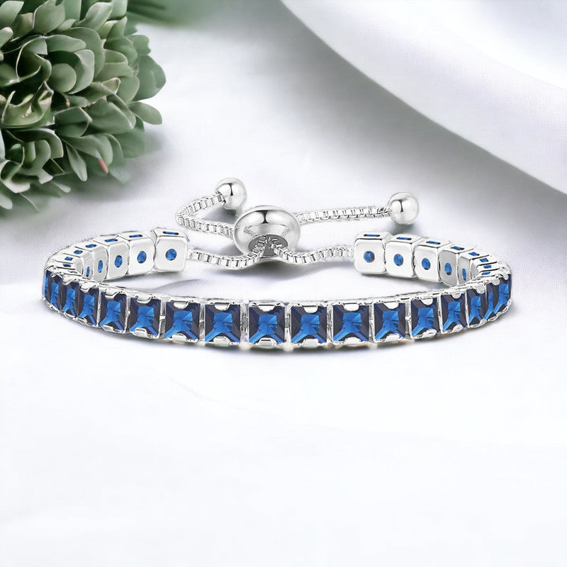 Jewels Galaxy Silver Plated Square Cut CZ Navy Blue Matrix Anti Tarnish Tennis Bracelet
