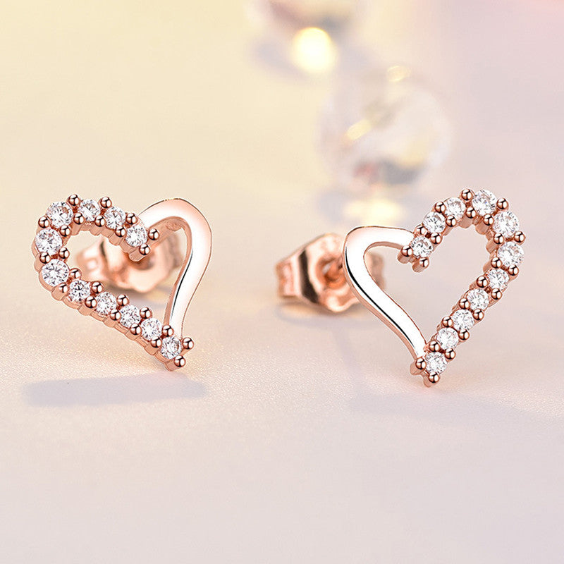 Jewels Galaxy Rose Gold Plated American Diamond Studded Heart Shape Korean Stud Earrings