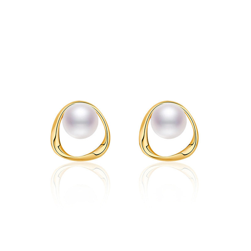Jewels Galaxy Gold Plated Triangle Shaped Pearl Studded Korean Stud Earrings