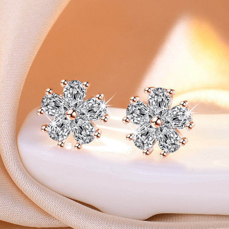 Jewels Galaxy Rose Gold Plated American Diamond Studded Floral Korean Stud Earrings