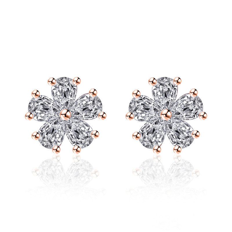 Jewels Galaxy Rose Gold Plated American Diamond Studded Floral Korean Stud Earrings