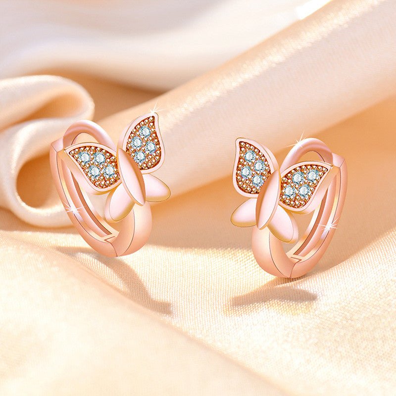 Jewels Galaxy Rose Gold Plated American Diamond Studded Butterfly Shape Korean Hoop Earrings