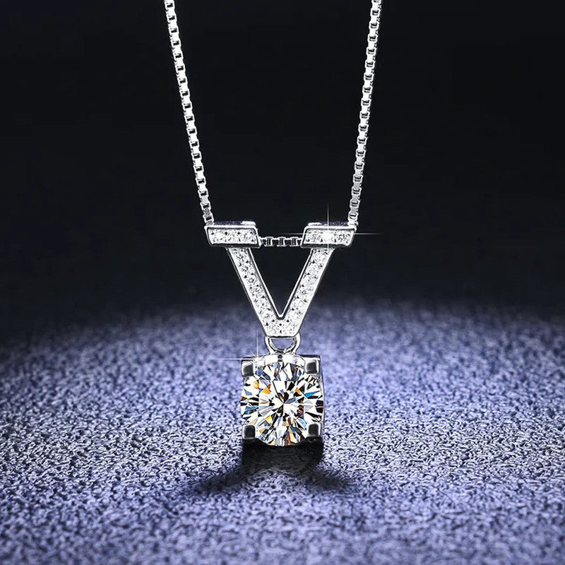 Jewels Galaxy Silver Plated Crystal Studded V Shape Circular Solitaire Pendant