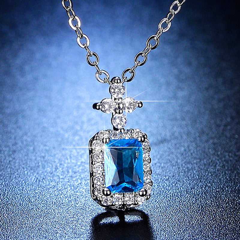 Jewels Galaxy Silver Plated Crystal Studded Geometrical Blue Stone Anti Tarnish Solitaire Pendant