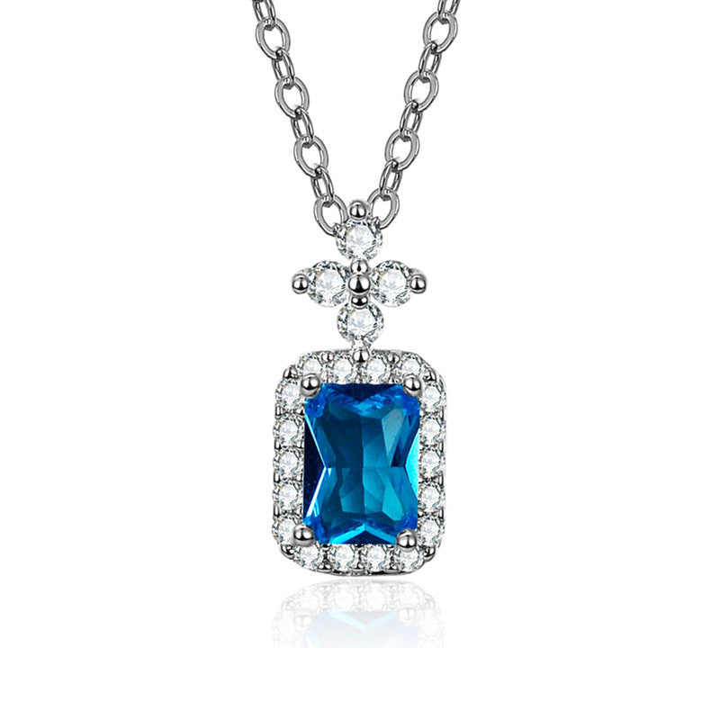 Jewels Galaxy Silver Plated Crystal Studded Geometrical Blue Stone Anti Tarnish Solitaire Pendant