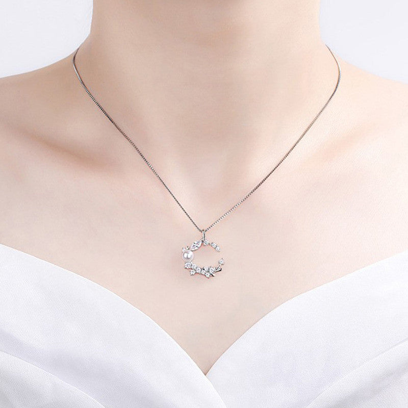 Jewels Galaxy Silver Plated American Diamond Studded Moon Shape Contemporary Korean Pendant