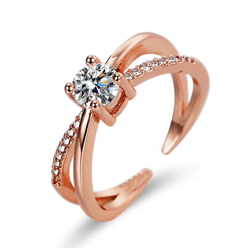 Jewels Galaxy Rose Gold Plated American Diamond Studded Cross Shape Adjustable Finger Ring