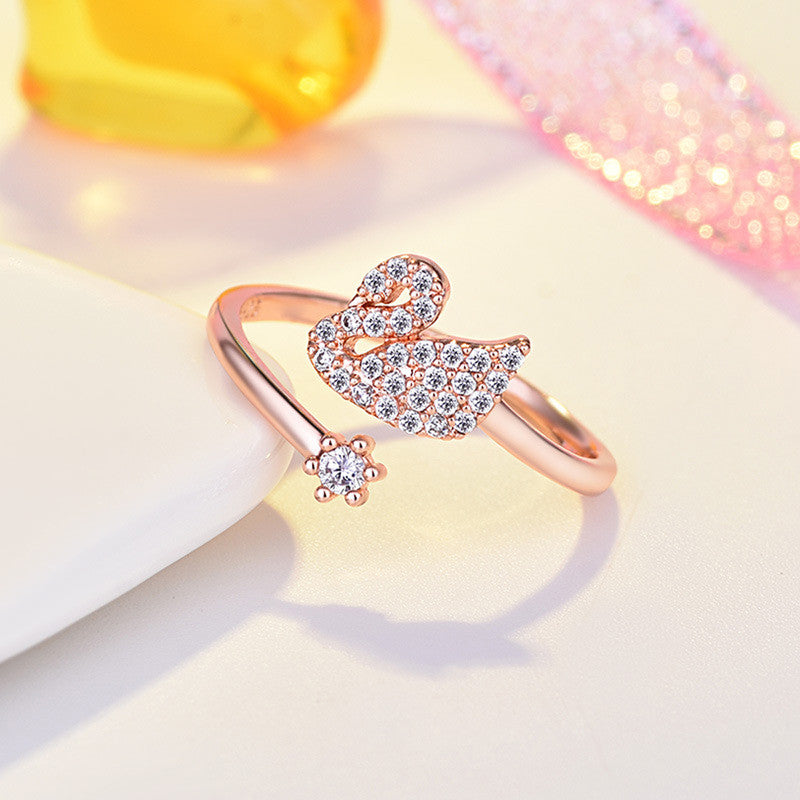 Jewels Galaxy Rose Gold Plated AD Studded Swan Shape Contemporary Korean Finger Ring