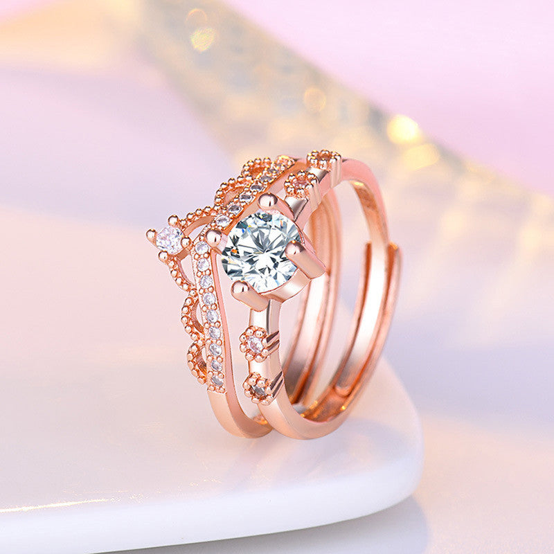 Jewels Galaxy Rose Gold Plated AD Studded Crown Shape Contemporary Korean Finger Ring
