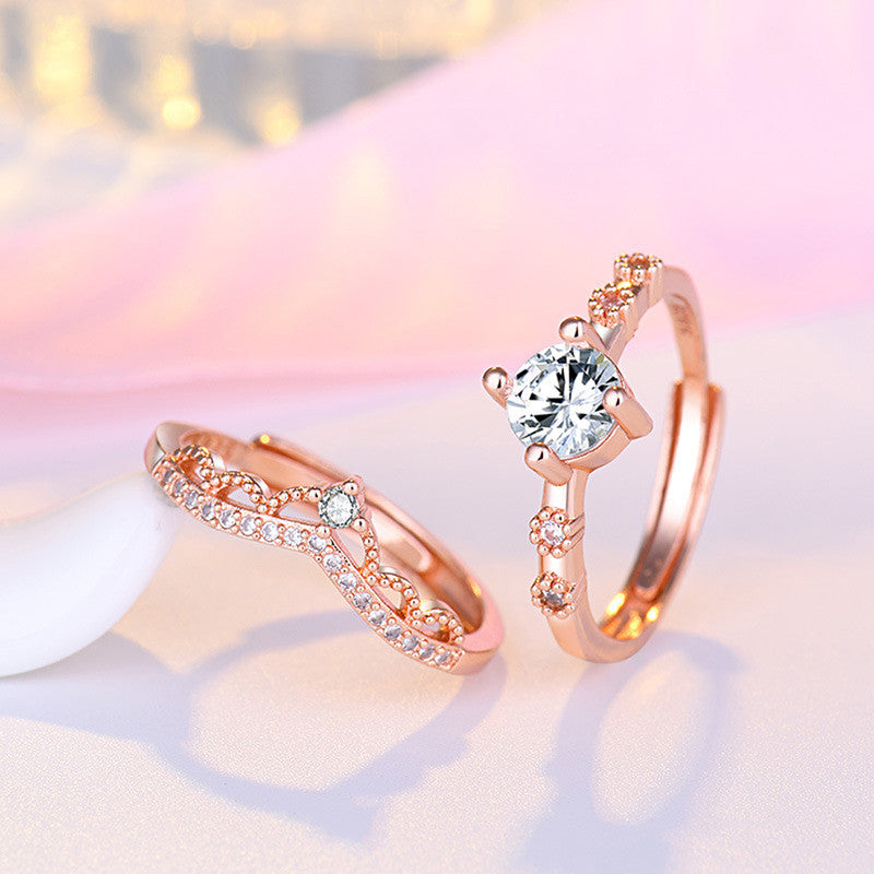 Jewels Galaxy Rose Gold Plated AD Studded Crown Shape Contemporary Korean Finger Ring