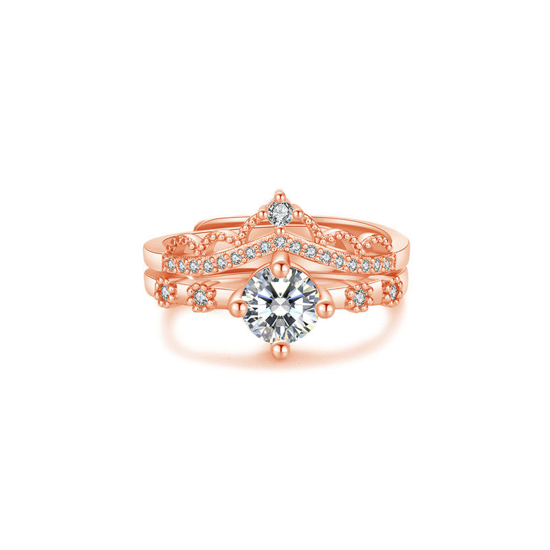 Jewels Galaxy Rose Gold Plated AD Studded Crown Shape Contemporary Korean Finger Ring