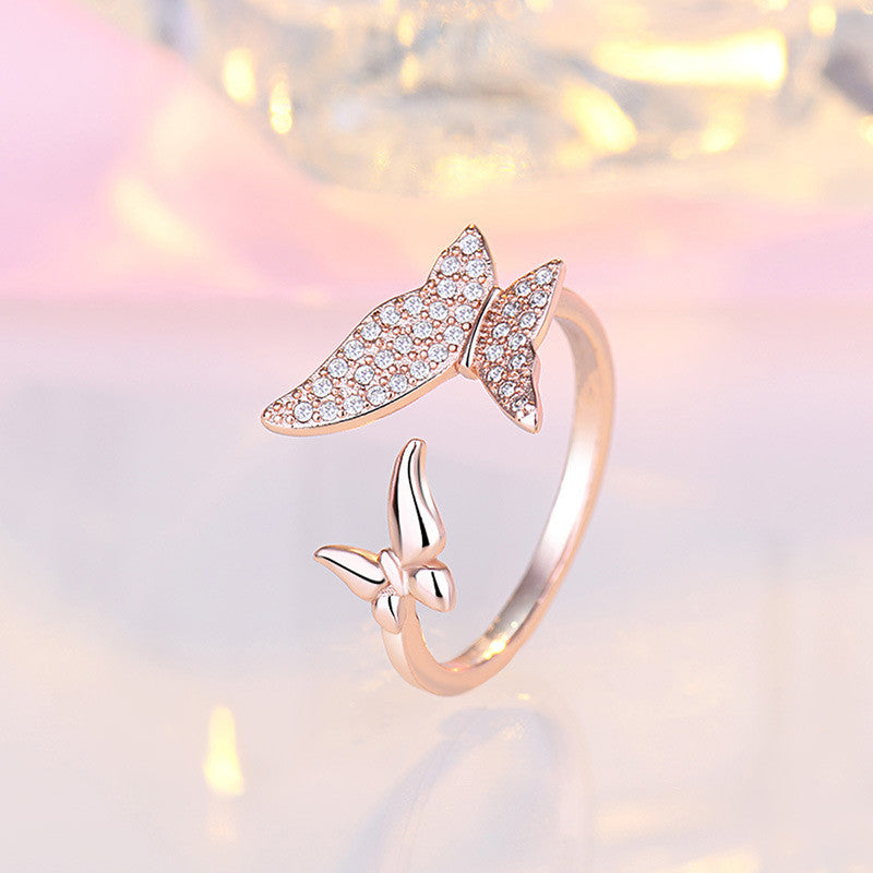Jewels Galaxy Rose Gold Plated AD Studded Butterfly Shape Contemporary Finger Ring