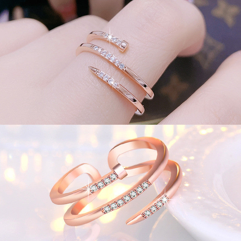 Jewels Galaxy Rose Gold Plated AD Studded Nail Shape Contemporary Korean Finger Ring