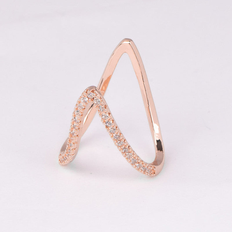 Jewels Galaxy Rose Gold-Plated V Shaped CZ Studded Adjustable Finger Ring