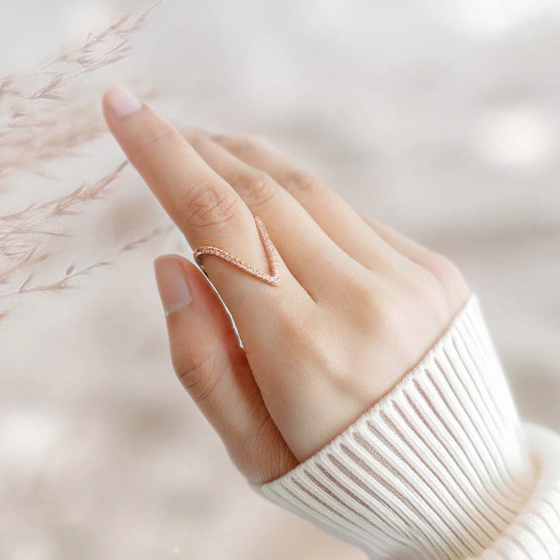 Jewels Galaxy Rose Gold-Plated V Shaped CZ Studded Adjustable Finger Ring