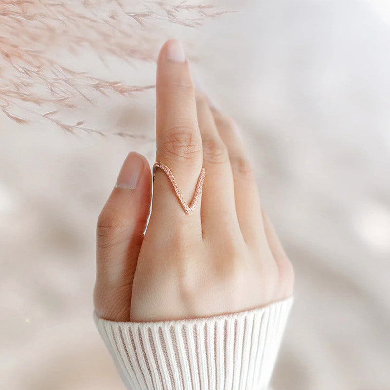 Jewels Galaxy Rose Gold-Plated V Shaped CZ Studded Adjustable Finger Ring