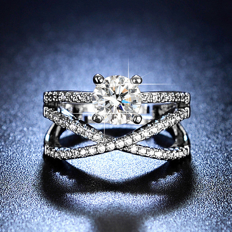 Jewels Galaxy Silver Plated AD Studded Cross Design Anti Tarnish Solitaire Adjustable Finger Ring