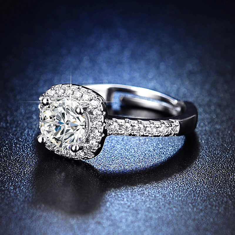 Jewels Galaxy Silver Plated AD Studded Square Shape Anti Tarnish Solitaire Adjustable Ring