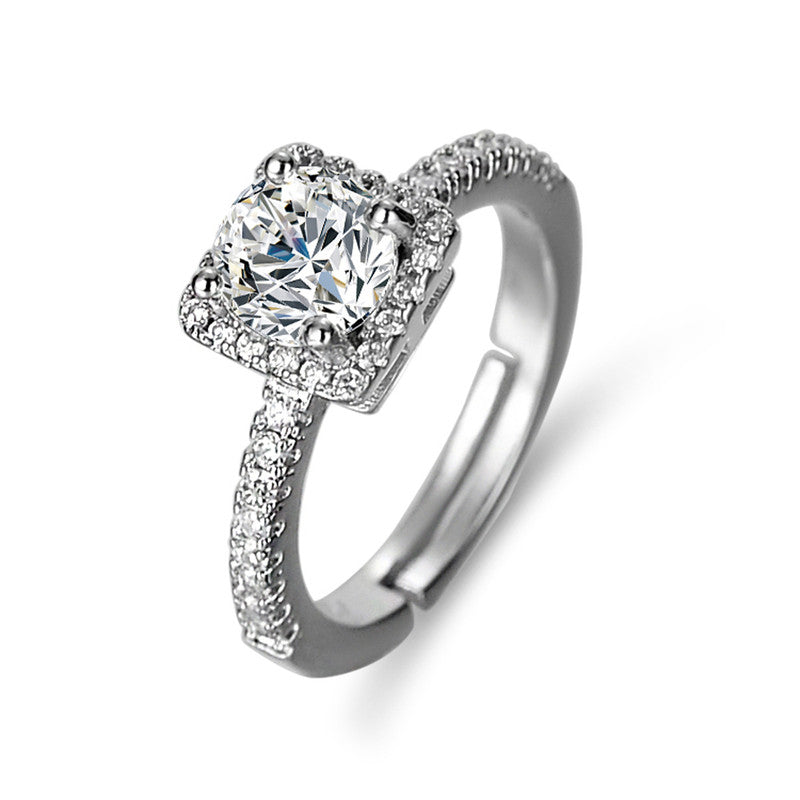 Jewels Galaxy Silver Plated Crystal Studded Anti Tarnish Square Shape Solitaire Adjustable Ring