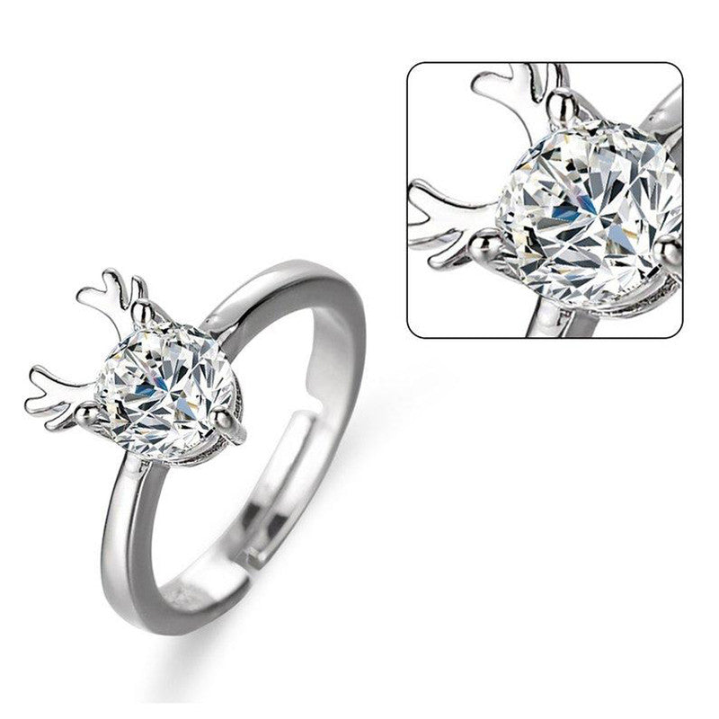 Jewels Galaxy Silver Plated Crystal Studded Deer Themed Anti Tarnish Adjustable Finger Ring