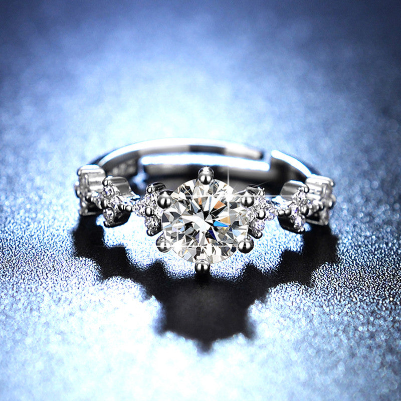 Jewels Galaxy Silver Plated AD Studded Floral Anti Tarnish Adjustable Solitaire Finger Ring
