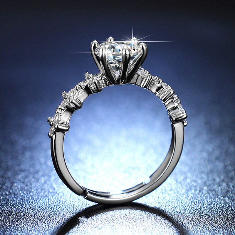 Jewels Galaxy Silver Plated AD Studded Floral Anti Tarnish Adjustable Solitaire Finger Ring