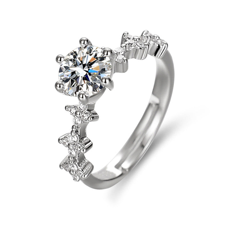 Jewels Galaxy Silver Plated AD Studded Floral Anti Tarnish Adjustable Solitaire Finger Ring
