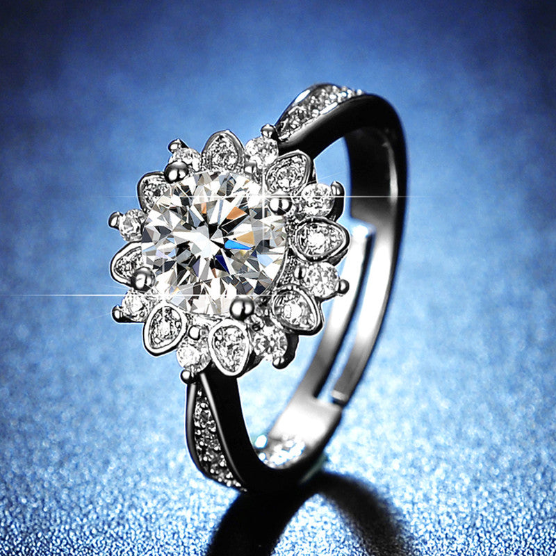 Jewels Galaxy Silver Plated AD Studded Floral Anti Tarnish Adjustable Solitaire Finger Ring