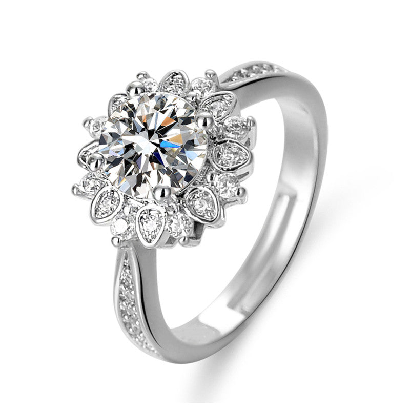 Jewels Galaxy Silver Plated AD Studded Floral Anti Tarnish Adjustable Solitaire Finger Ring
