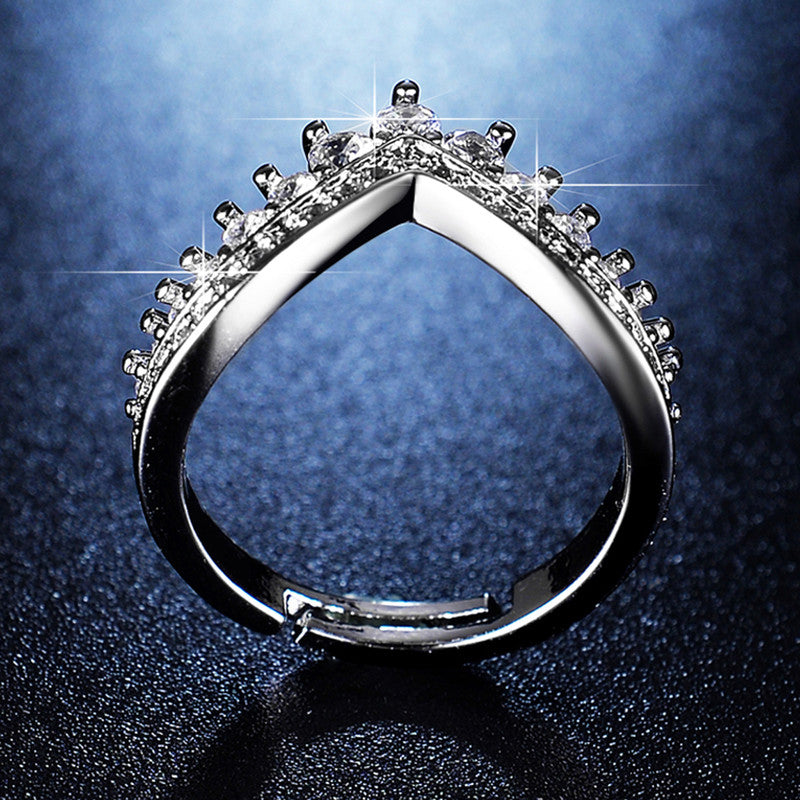 Jewels Galaxy Silver Plated AD Studded V Shape Anti Tarnish Adjustable Finger Ring