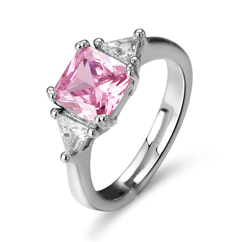 Jewels Galaxy Silver Plated AD Studded Rectangular Pink Stone Anti Tarnish Adjustable Ring
