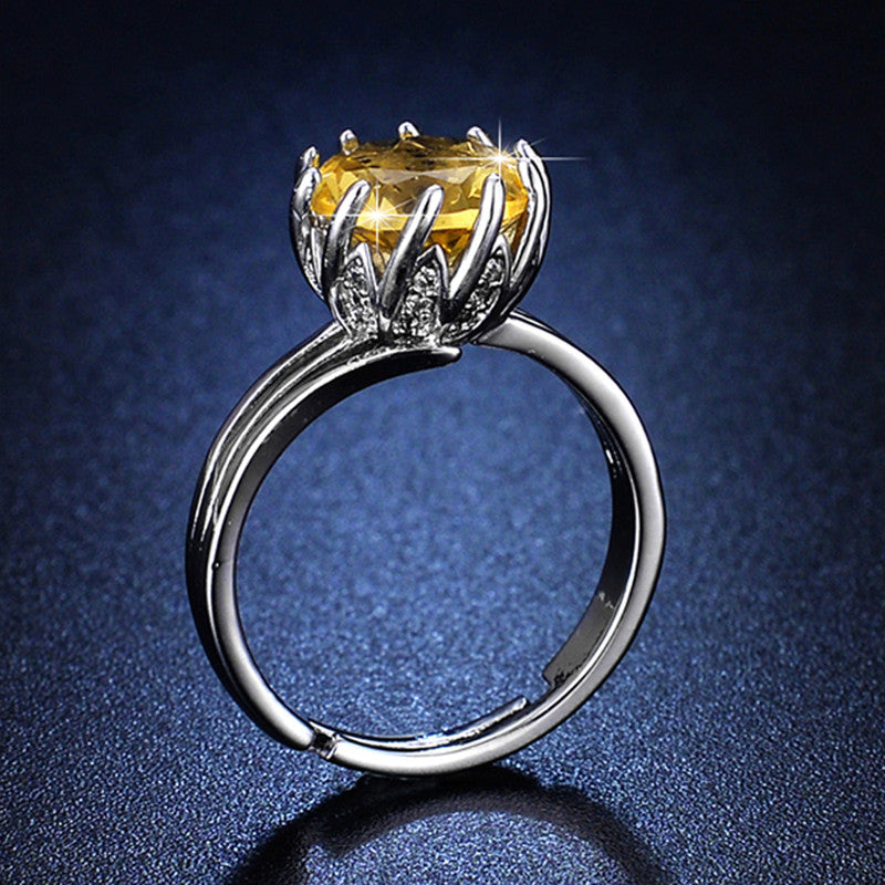 Jewels Galaxy Silver Plated Crystal Studded Rectangular Yellow Stone Anti Tarnish Adjustable Ring