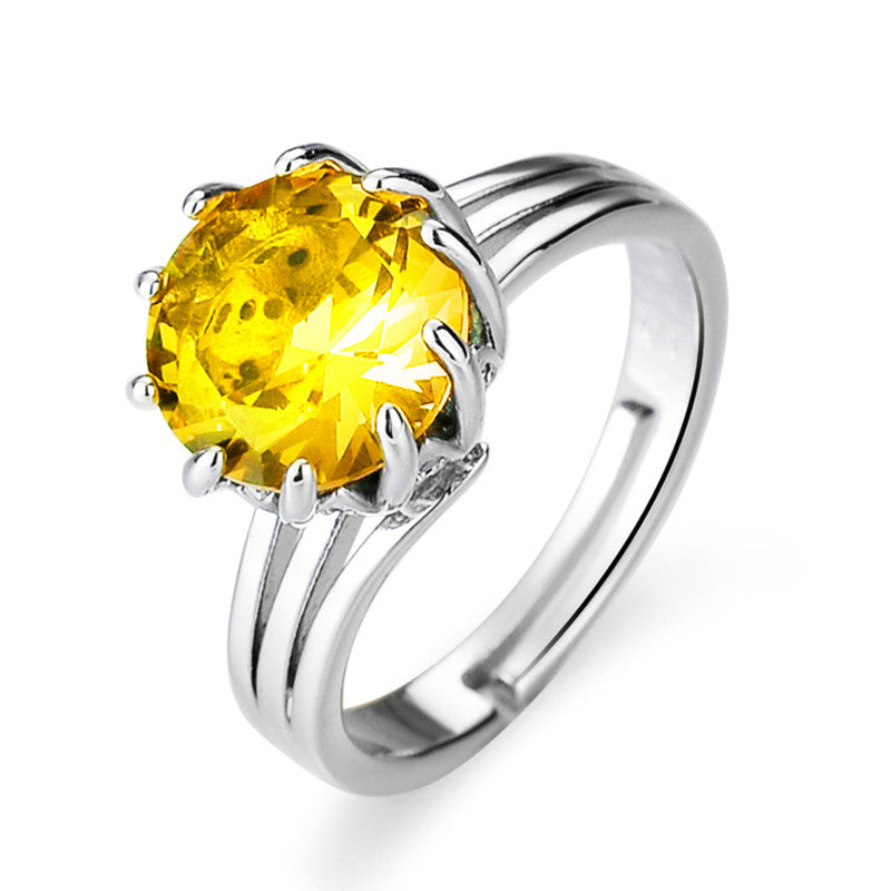 Jewels Galaxy Silver Plated Crystal Studded Rectangular Yellow Stone Anti Tarnish Adjustable Ring