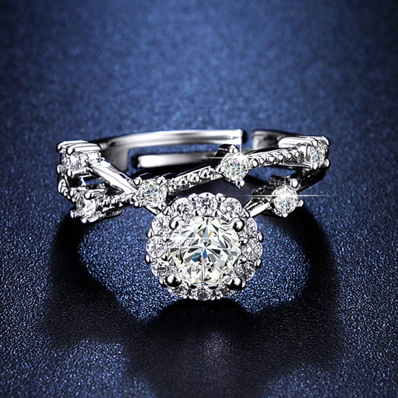 Jewels Galaxy Silver Plated Crystal Studded Contemporary Anti Tarnish Adjustable Solitaire Ring