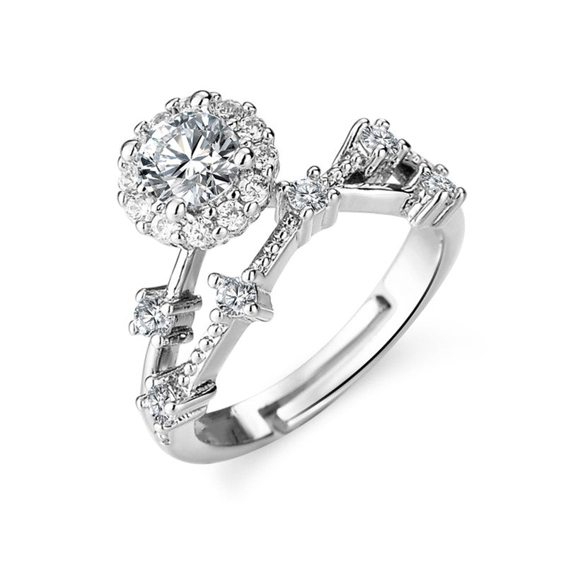 Jewels Galaxy Silver Plated Crystal Studded Contemporary Anti Tarnish Adjustable Solitaire Ring