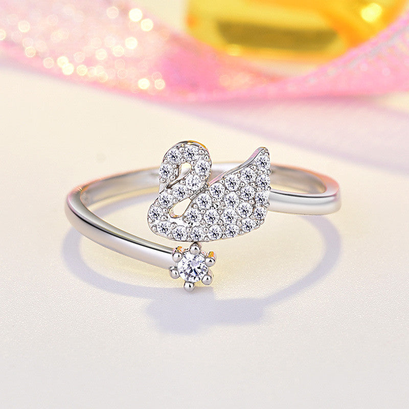 Jewels Galaxy Silver Plated AD Studded Swan Shape Contemporary Korean Finger Ring