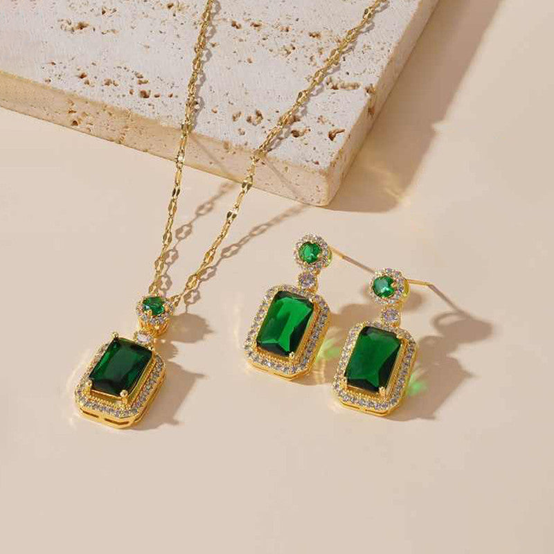 Jewels Galaxy Gold Plated Elegant Emerald Geometric Pendant Set