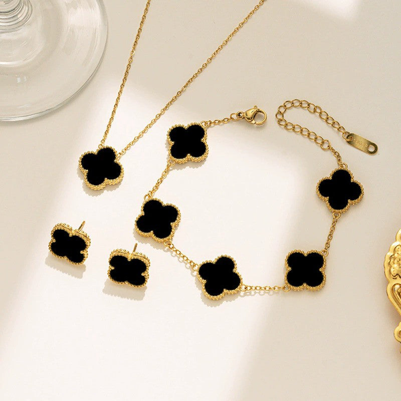 Jewels Galaxy Stainless Steel Gold Plated Set Of Black Anti Tarnish Clover Jewellery Set