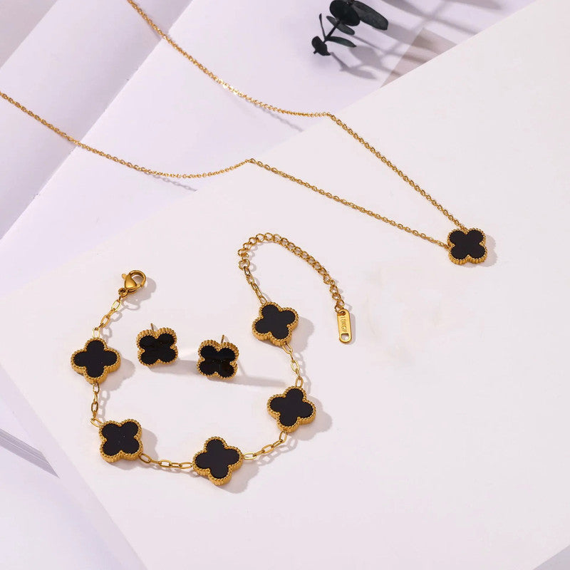 Jewels Galaxy Stainless Steel Gold Plated Set Of Black Anti Tarnish Clover Jewellery Set