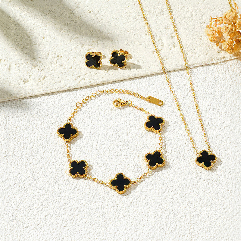Jewels Galaxy Stainless Steel Gold Plated Set Of Black Anti Tarnish Clover Jewellery Set